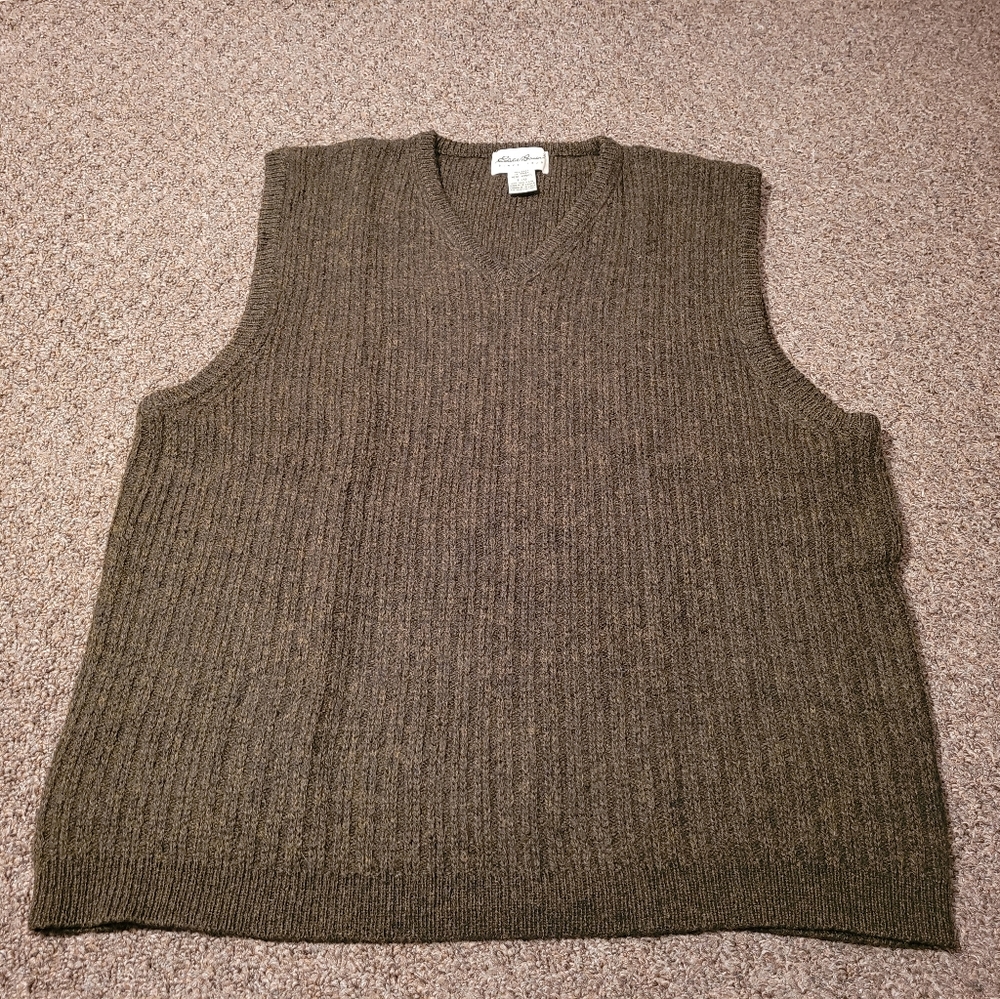 Eddie Bauer Wool Dark Olive V Neck Sweater Vest